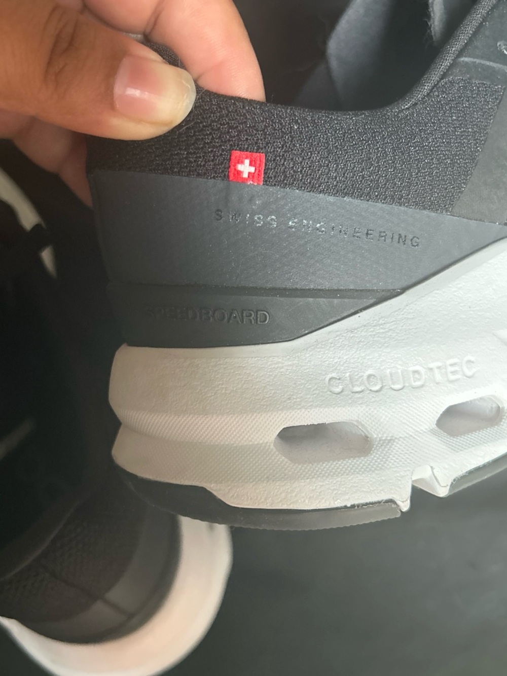 On Running Women’s Cloud Trainer in Black, Gray and White with Red Accent